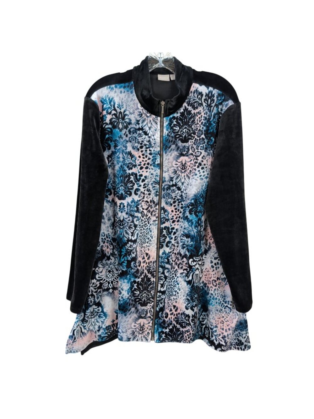 Chico's Zenergy Jacket Size 3 16/18 Velour Floral Animal Print Full Zip Black
